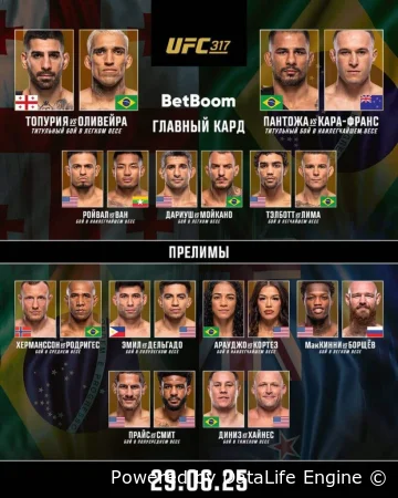 Смотреть прямую трансляцию UFC 317 Топурия — Оливейра онлайн 29 июня 2025 бесплатно